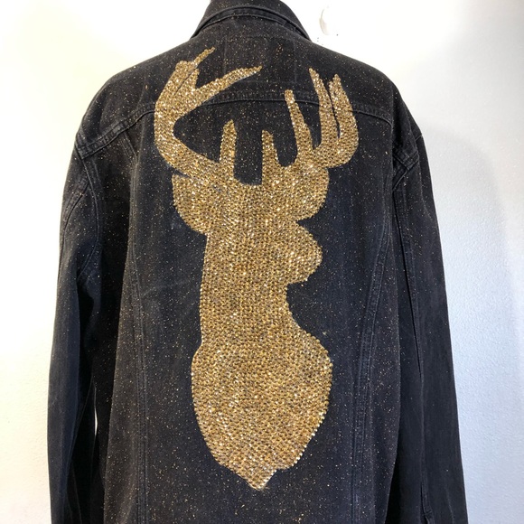 Gold Rhinestone Stag Deer Throne of Glass Hand Painted Black Jean Jacket - Picture 8 of 17